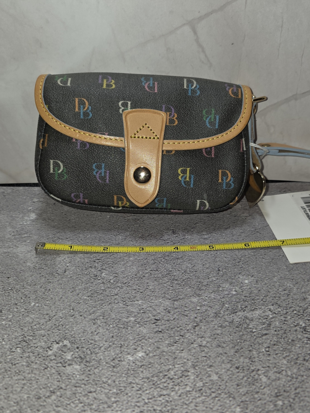 Vintage Dooney & Bourke Black Multicolor DB Wristlet with Tan Trim